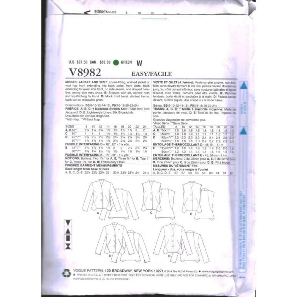 Vogue V8982 Marcy Tilton Designer Jacket Vest Sewing Pattern Size 8-16 B5 UNCUT